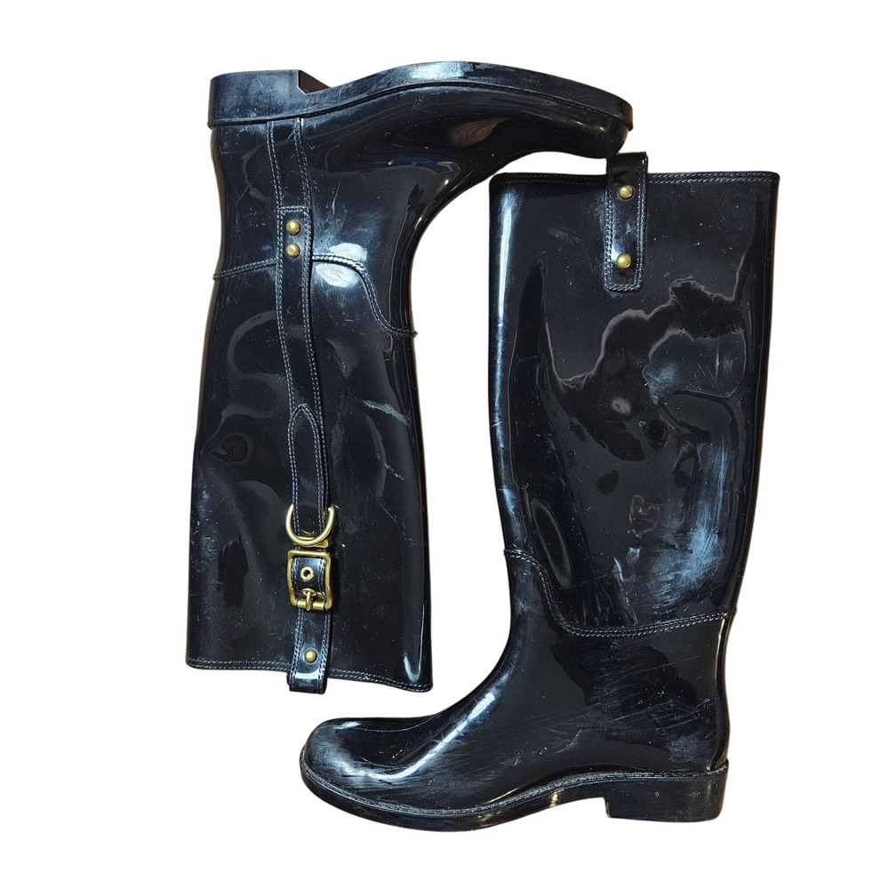 Coach Tasha Signature Buckle Rain Boots Tall Womens 10 Glossy Quiet Luxury